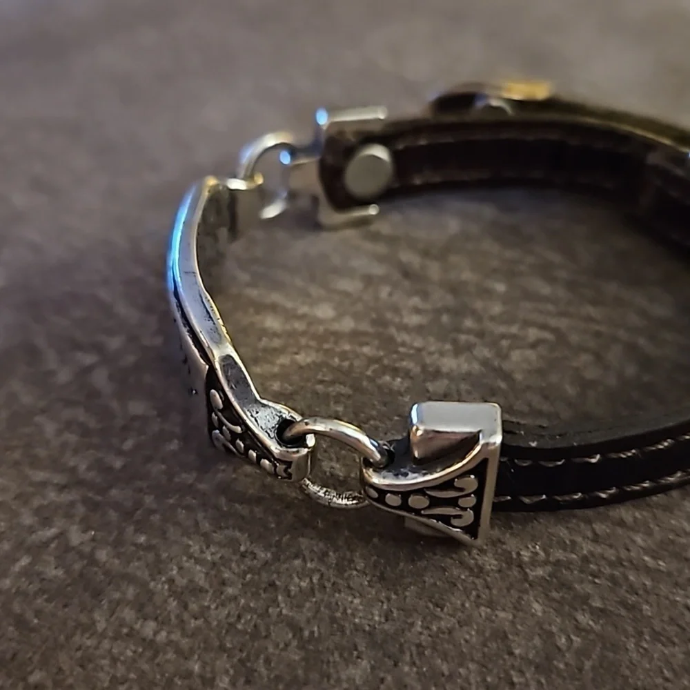 VTG BRIGHTON 1990s Floral Black Leather Belt Bracelet